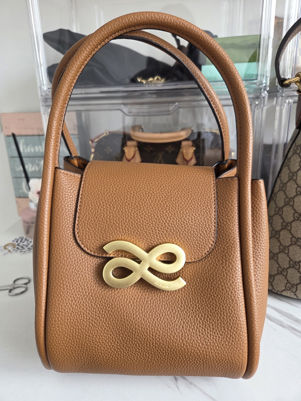Structured Tan Crossbody Bag with Gold Accent